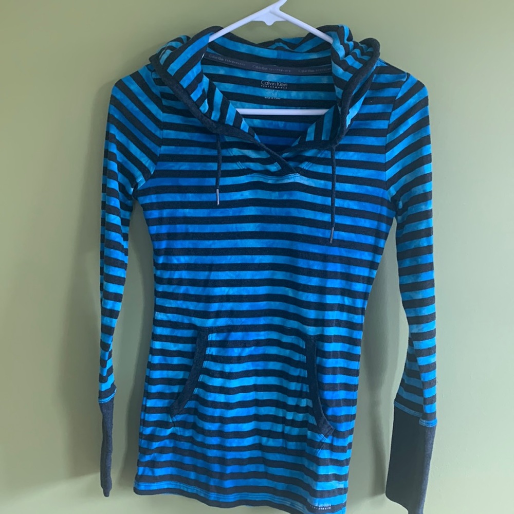 Calvin Klein jersey stripe top with hood. Charcoal gray and blue.